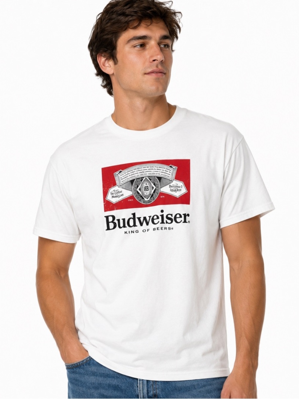 BUDWEISER White Heavy Cotton Short Sleeve Tee King of Beers Logo Size  L NWOT